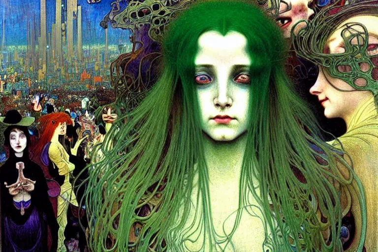 Image similar to realistic extremely detailed portrait painting of a dressed ghost girl with green hair in a crowded sci-fi city street, very detailed crowd by Jean Delville, Amano, Yves Tanguy, Alphonse Mucha, Ernst Haeckel, Edward Robert Hughes, Roger Dean, rich moody colours, blue eyes