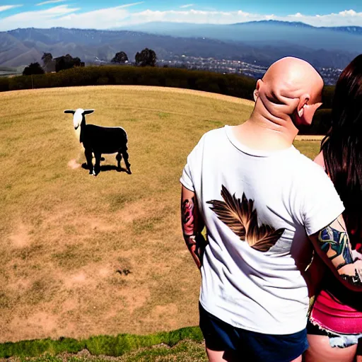 Image similar to portrait of a young chunky bald white male tattoos and his young white female brown hair wife with tattoos. male is wearing a white t - shirt, tan shorts, white long socks. female is has long brown hair and a lot of tattoos. photo taken from behind them overlooking the field with a goat pen. rolling hills in the background of california and a partly cloudy sky