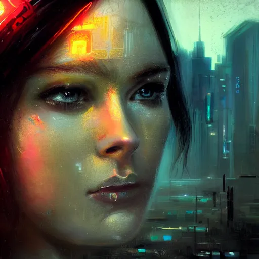 Image similar to molly millions, closeup portrait of a young beautiful cyberpunk woman, mirror eye implants, black hair in a rough shag, sunset, neuromancer, street samurai, cyberpunk city background, megacity, gorgeous view, depth, painted by seb mckinnon, high detail, digital art, painted by greg rutkowski, trending on artstation