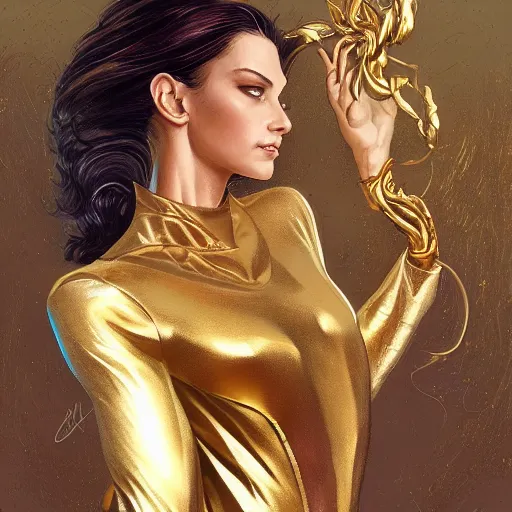 Image similar to Sandman with a gold suit, portrait, intricate, elegant, highly detailed, digital painting, artstation, concept art, smooth, sharp focus, illustration, art by artgerm and greg rutkowski and alphonse mucha