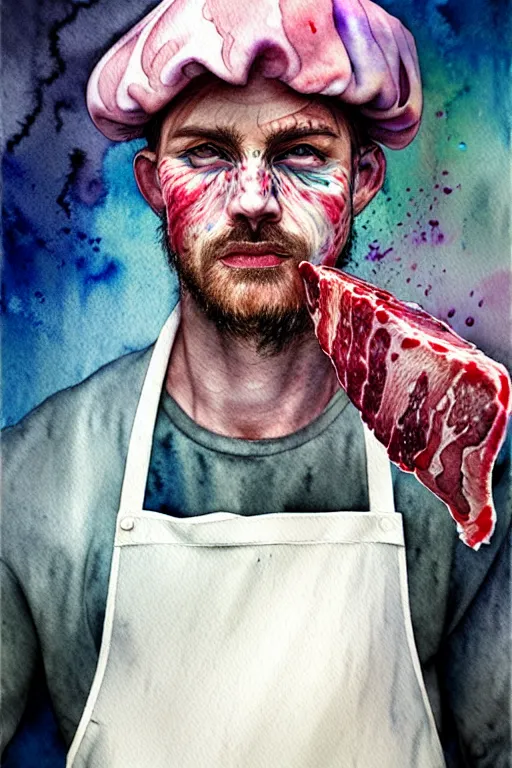 Image similar to watercolor portrait of a butcher with a white apron, raining, romantisism, outrun, pastel colors, painting, moody, detailed, by android jones