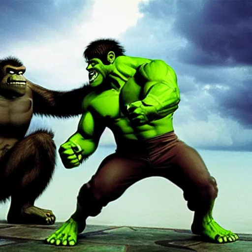 Prompt: King Kong vs Hulk, Epic Battle