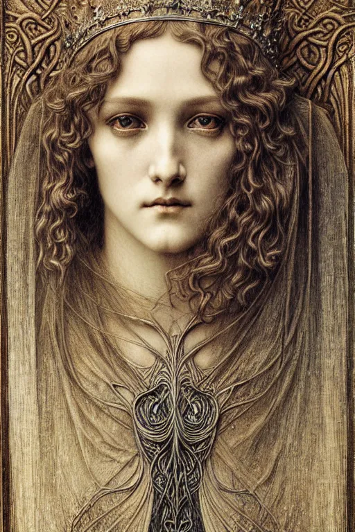 Image similar to detailed realistic beautiful young medieval queen face portrait by jean delville, gustave dore and marco mazzoni, art nouveau, symbolist, visionary, gothic, pre - raphaelite. horizontal symmetry