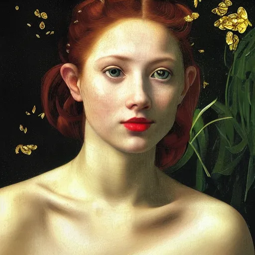 Image similar to portrait of a young woman, among the lights of golden fireflies and nature, long loose red hair, intricate details, deep green eyes, hint of freckles, round gentle face, cheeky smile with red lips, deep focus, smooth, sharp, golden ratio, hyper realistic art by artemisia lomi gentileschi and caravaggio and artgerm