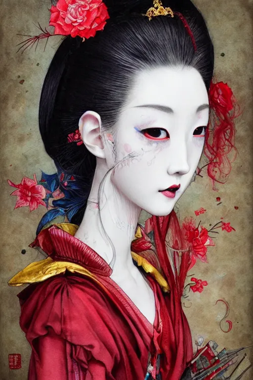 Prompt: watercolor painting of a japanese bjd geisha vampire queen with a long neck in a victorian lolita fashion red dress in the style of dark - fantasy painted by yoshitaka amano, tom bagshaw, ayami kojima, dmt art, symmetrical face portrait, intricate detail, artstation, artgerm, gold, rococo, rococo!
