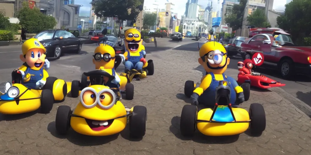 Prompt: mario kart with minions