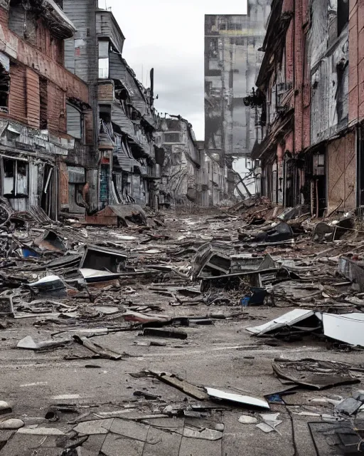 Image similar to an apocalyptic derelict city street with destroyed buildings on the sides