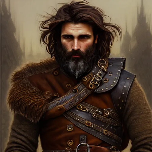 Image similar to brown haired rogue, portrait, rugged, muscular, bearded, male, city landscape, norway, d & d, fantasy, intricate, elegant, highly detailed, digital painting, brown and gold color palette, cloth, octane render, concept art, matte, sharp focus, illustration, herrarthstone, art by artgerm and greg rutkowski and alphonse mucha