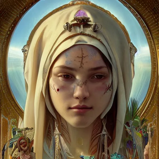 Image similar to Virgin Mary, facial tattoos, artists portrait, biomechanical, heaven, fantasy, highly detailed, digital painting, concept art, sharp focus, depth of field blur, illustration, art by artgerm and greg rutkowski and alphonse mucha