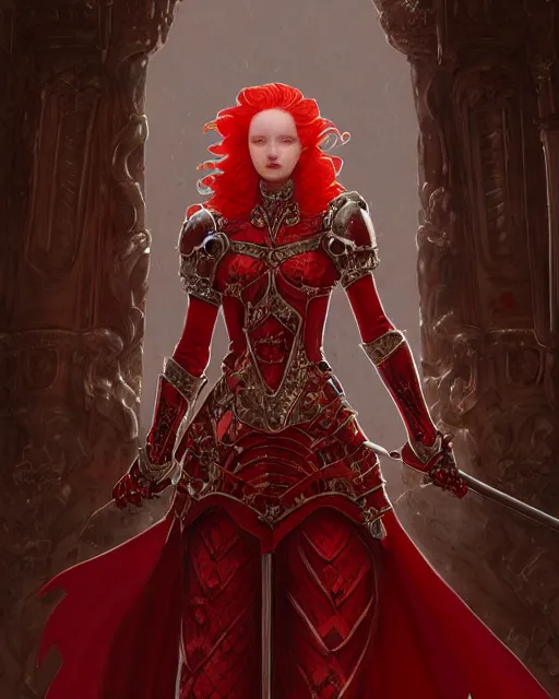 Image similar to redhead queen knight in heavy red armor, inside grand hall in castle with rococo aesthetic, intimidating, high fantasy, intricate detail, digital painting, artstation, concept art, smooth, sharp focus, illustration, art by yoshitaka amano and monia merlo and wlop, masterpiece