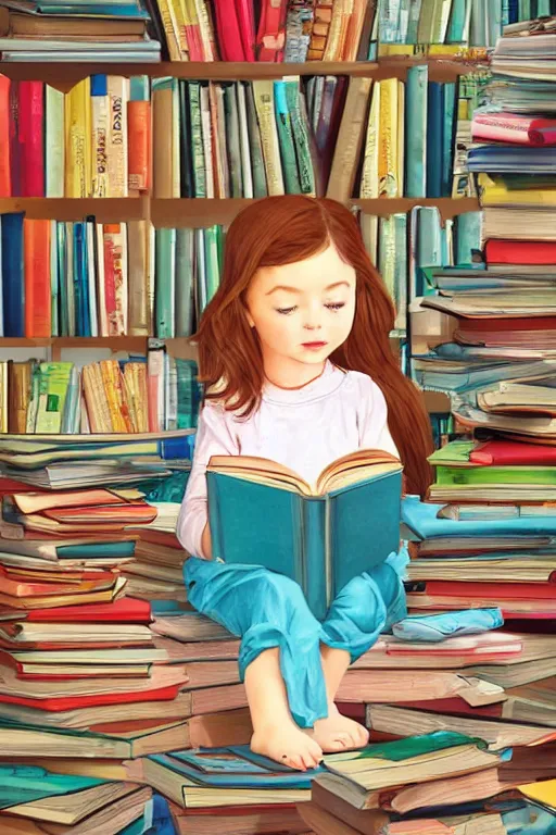 Image similar to a little girl sits cross legged on top of a tall pile of books. she is reading. clean elegant pretty cartoon painting, beautiful detailed face, storybook illustration.