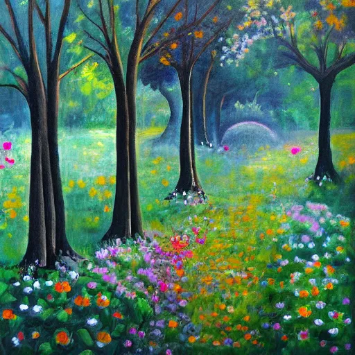 Prompt: a moody painting of a beautiful garden full of souls
