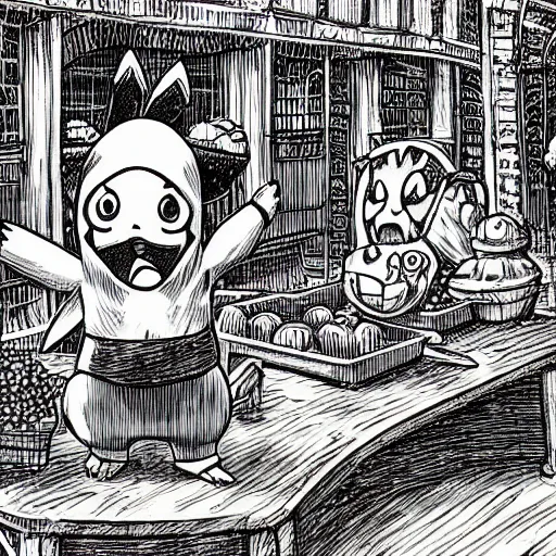 Prompt: pikachu in an old english market place the style of the scream,