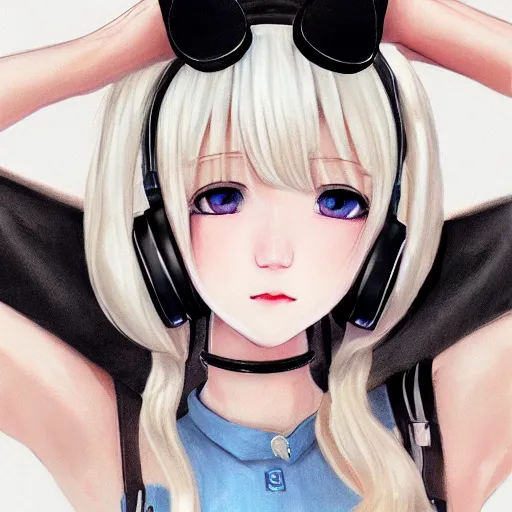 Image similar to realistic detailed semirealism beautiful gorgeous natural cute excited happy Blackpink Lalisa Manoban white hair white cat ears blue eyes, wearing black camisole outfit, headphones, black leather choker artwork drawn full HD 4K high resolution quality artstyle professional artists WLOP, Aztodio, Taejune Kim, Guweiz, Pixiv, Instagram, Artstation