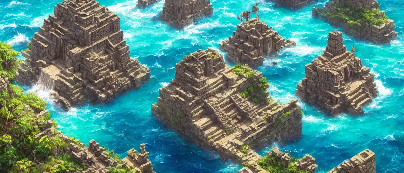 Prompt: dystopian mayan ruins on a colorful ocean, unreal engine, fantasy art by greg, loish, rhads, ferdinand knab, makoto shinkai, lois van baarle, ilya kuvshinov, rossdraws, tom bagshaw, global illumination, radiant light, highly detailed and intricate environment, isometric, trending onstudio ghibli, octane render, 8 k