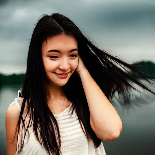 Image similar to real life photo of a beautiful girl, full body photoshoot, long black hair, full round face, short smile, brown shirt, lake setting, cinematic lightning, medium shot, mid - shot, highly detailed, trending on artstation, iso 2 0 0, f 1. 4, 8 0 mm, 8 5 mm, natural light