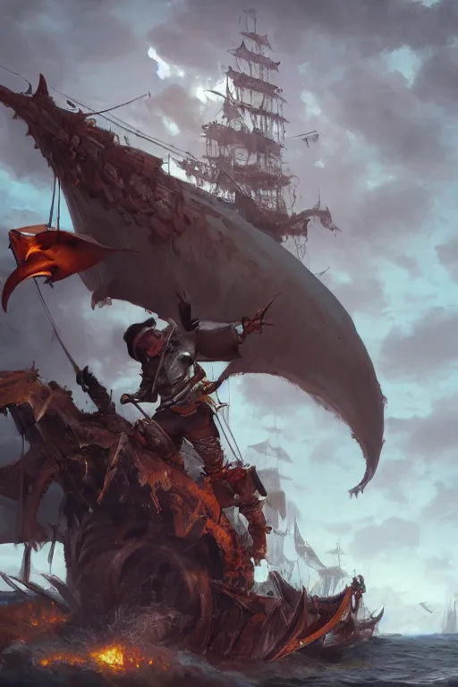 Image similar to a professional digital painting of a monster pirate with many jaws, full body, concept art, sharp detail, focused, illustration, smooth render, pirate ship in background, art style by Ruan Jia and Mandy Jurgens and Ian Spriggs and William-Adolphe Bouguerea