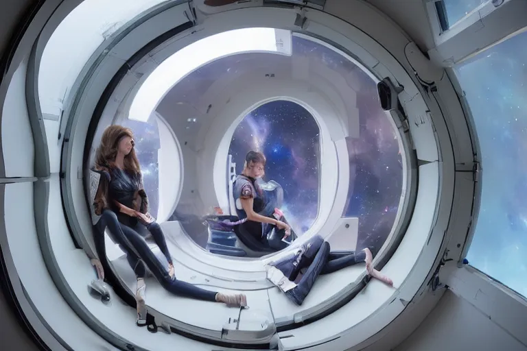 Image similar to sci-fi scene of space tourists in glamourous spaceship bedroom looking out large circular window at earth orbit By Emmanuel Lubezki