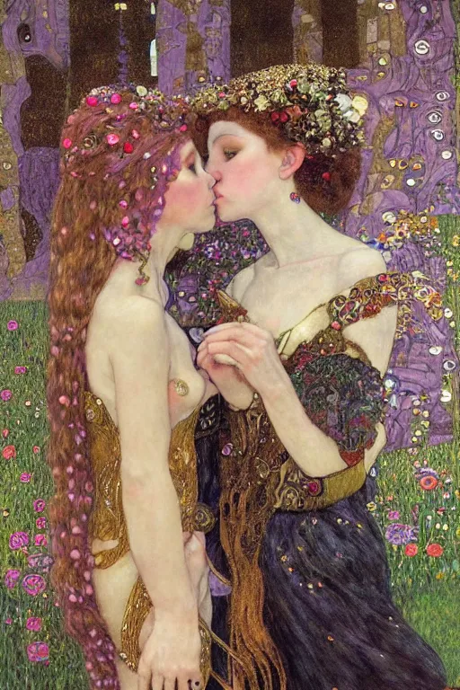 Image similar to two beautiful young elf maidens, fantasy, kiss, highly detailed, artstation, illustration, art by Gustav Klimt