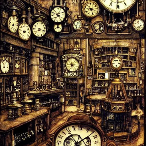 Image similar to interior of a steampunk clock shop, father time, wooden grandfather clocks everywhere, realistic, very intricate masterpiece by arthur rackham