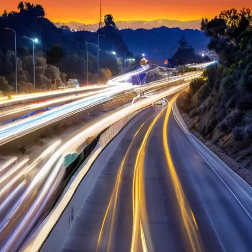 Image similar to los angeles california including interstate 5, blue hour photography, light trails, photorealistic, cinematic lighting, highly detailed