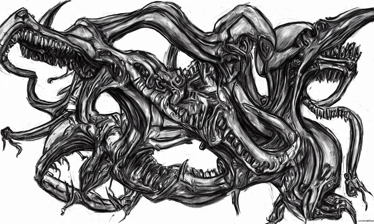 Image similar to a bad distorted rough kindergarden - sketch of one xenomorph drawn by a 4 year old kid
