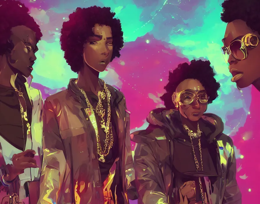 Prompt: afro - futuristic hip hop rappers, urban swagger, fashion and bling, hacking the multiverse of music and entertainment | hyperrealistic digital art | by makoto shinkai, ilya kuvshinov, lois van baarle, ross draws | afro - futurism, in the style of hair love, 4 k, trending on artstation | dark color scheme