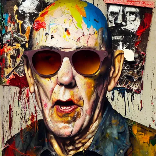 Prompt: hyperrealistic, photorealistic, mixed media oil painting of hunter s thompson, magazine scraps, plaster, blood, oil, mustard, splatter, greg rutkowski, basquiat, ralph steadman, wesley kimler