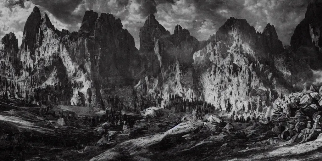 Image similar to 1920s photography the of the dolomites, occult signs, witch burning, pyre, solstice fire, alp, dolomites, alpine, detailed intricate insanely detailed octane render, 8k artistic 1920s photography, photorealistic, black and white, chiaroscuro, hd, by David Cronenberg, Raphael, Caravaggio