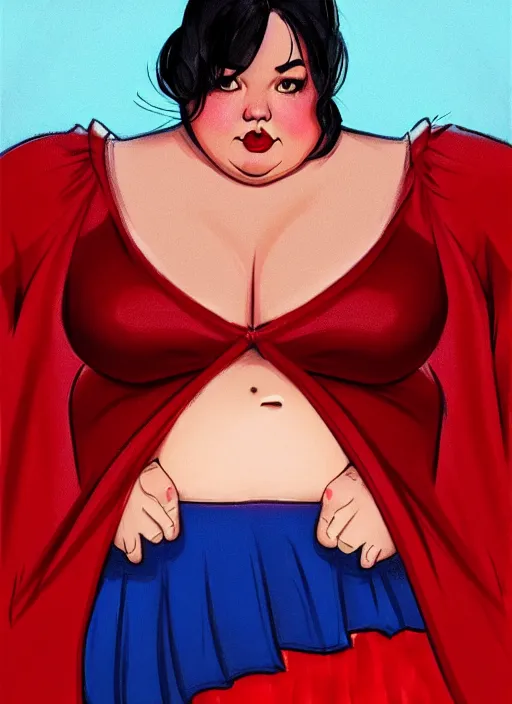 Image similar to full body portrait of teenage veronica lodge, obese, bangs, sultry, realistic, sultry smirk, wavy hair, red skirt, fat, belly, intricate, elegant, glowing lights, highly detailed, digital painting, artstation, concept art, smooth, sharp focus, illustration, art by wlop, mars ravelo and greg rutkowski