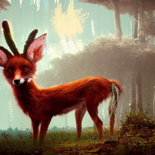 Image similar to Shamanpunk Fox Faun Portrait furry ears snout collar neck paws Antlers wearing a silken leotard ASPCA National Geographic Wikipedia Demiurge pet adoption quill splatterpaint 4k artstation unreal engine render simon stalenhag robert rauschenberg giorgio de chirico greg rutkowski