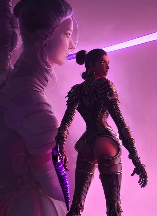 Image similar to portrait, back shot, looking away from viewer, woman with long black ponytail, wearing sci - fi leather armor, glowing purple katana, intricate, elegant, glowing lights, highly detailed, digital painting, artstation, concept art, smooth, sharp focus, illustration, art by wlop, mars ravelo and greg rutkowski