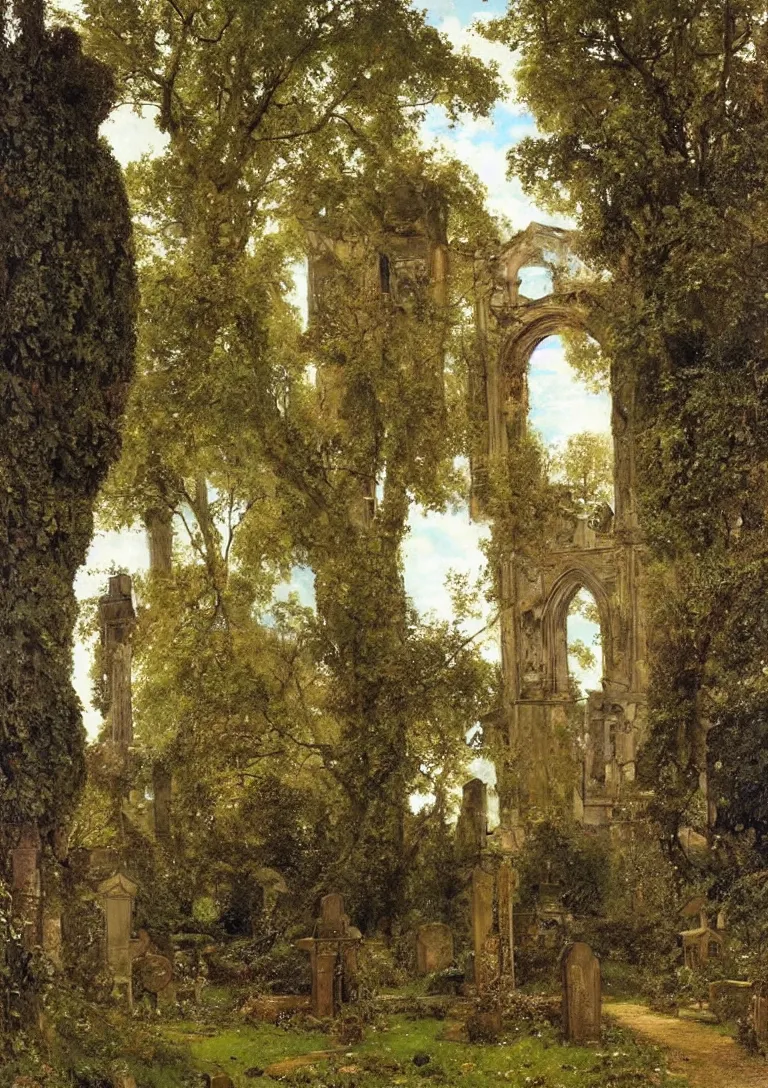 Prompt: a giant knight in rusty armour walks through a cemetery on a path by a church in manchester england, overgrown, weeds and ivy on the graves, an old twisted tree, a tall stone wall, lawrence alma-tadema