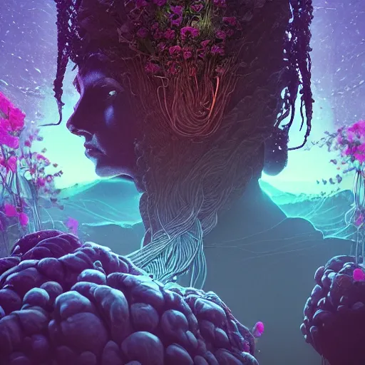 Prompt: beautiful dark landscape, medusa head with beautiful flowers, in the style of beeple and Mike Winkelmann, intricate, epic lighting, cinematic composition, hyper realistic, 8k resolution,