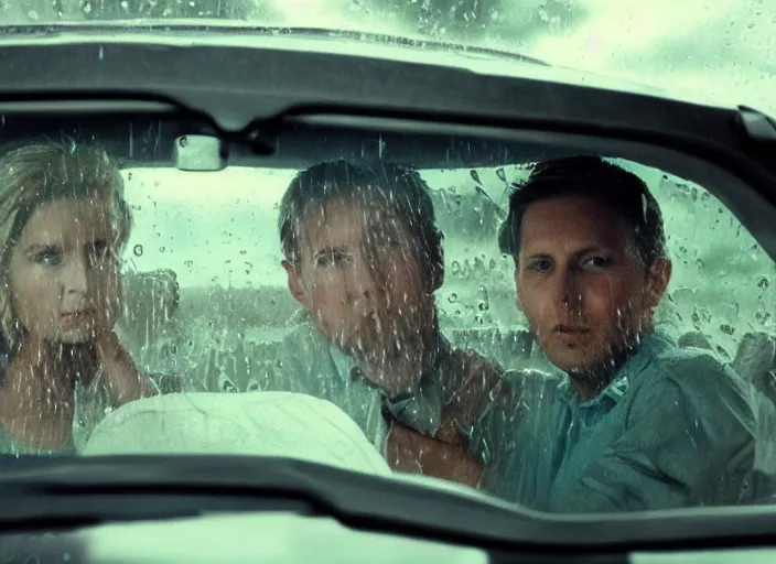 Image similar to A very high resolution image from a new movie, inside of a car, raining, hot, directed by wes anderson