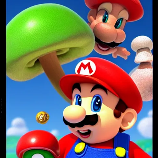 Image similar to hyper-realistic super mario character with realistic mushrooms, goombas and toad. and a realistic yoshi.