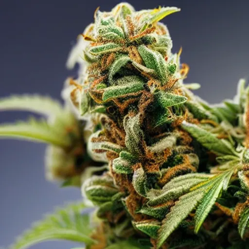Image similar to marijuana flower with buds covered in trichomes, close - up highly - detailed