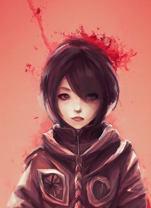 Image similar to a highly detailed illustration of short hair cute japanese girl wearing blood stained hoodie with the word nevada on it, dramatic smile pose, intricate, elegant, highly detailed, centered, digital painting, artstation, concept art, smooth, sharp focus, league of legends concept art, WLOP