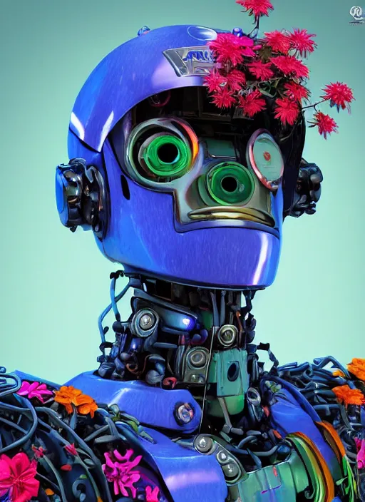 Image similar to colourful - 3 d vfx art - portrait of a mecha robot wearing a baseball cap with vines & flowers growing from inside, art style by tenmyouya hisashi, concept art, unreal engine render, digital illustration, claymation, sharp, intricate detail, volumetric light, ray tracing, soft light, symmetric, pinterest, artstation, behance,