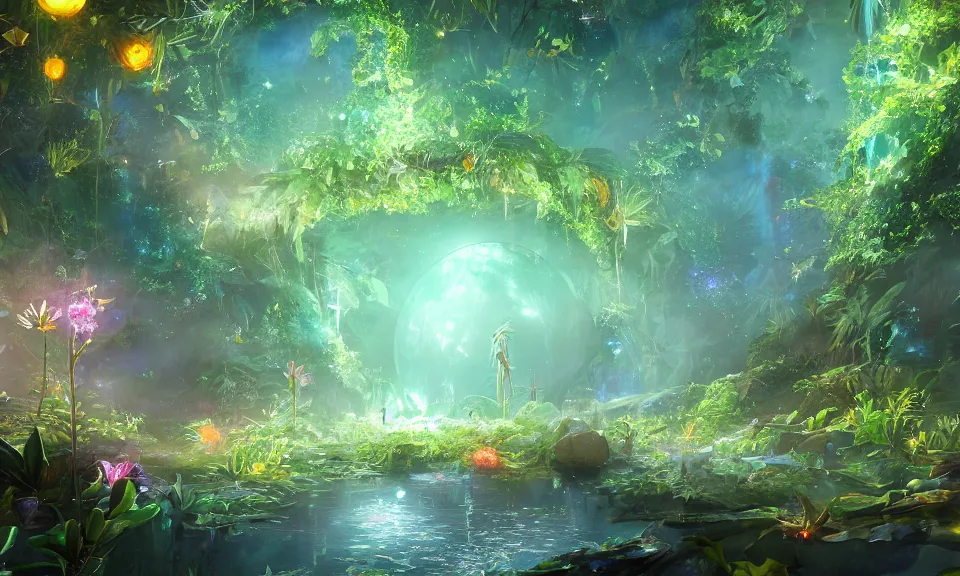 Image similar to a watercolor painting of a glowing sparkling gigantic portal in a mysterious jungle, fantasy, flowery, particles, fireflies, octane render, unreal engine, artstation, digital art