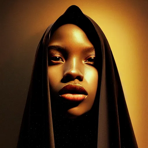 Prompt: a portrait of a young black woman wearing a long dark cloak, hood and shadows covering face, anatomically correct, beautiful perfect face, enigmatic, oil painting, matte painting, black background, Volumetric Golden dappled dynamic lighting, Highly Detailed, Cinematic Lighting, Unreal Engine, 8k, HD, by Beksinski