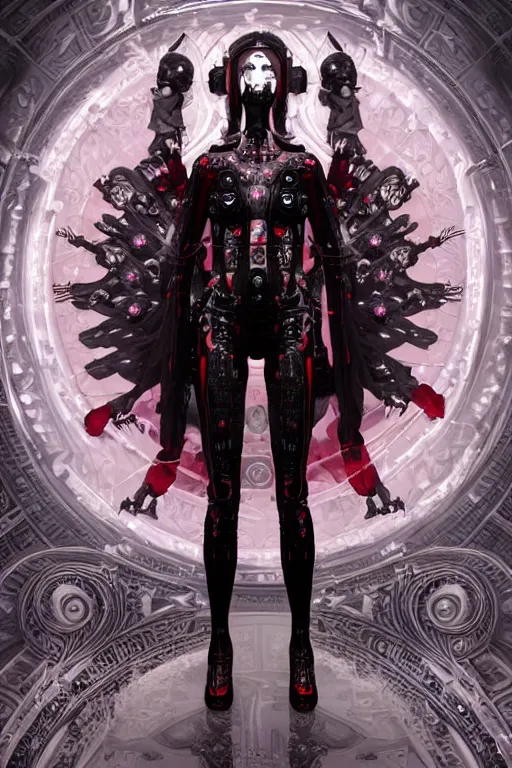 Image similar to full-body cyberpunk style sculpture of a young beautiful dark priestess, half android with a head opening exposing circuitry, glowing red eyes, black roses, flowing blood red colored silk fabric. baroque elements, candles, human skull, crows flying in background. full-length view. baroque element. intricate artwork by Caravaggio. Trending on artstation, octane render, cinematic lighting from the right, hyper realism, octane render, 8k, depth of field, 3D