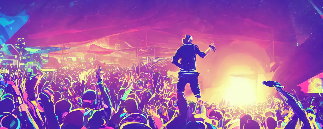 Image similar to rapper performing at huge festival holding microphone, epic angle, digital art, vapor wave, hip hop, trending on Artstation, professional artist, detailed, 4k