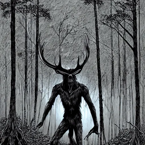 Prompt: wendigo in the woods, Michael Whelan, pen and ink, black and white