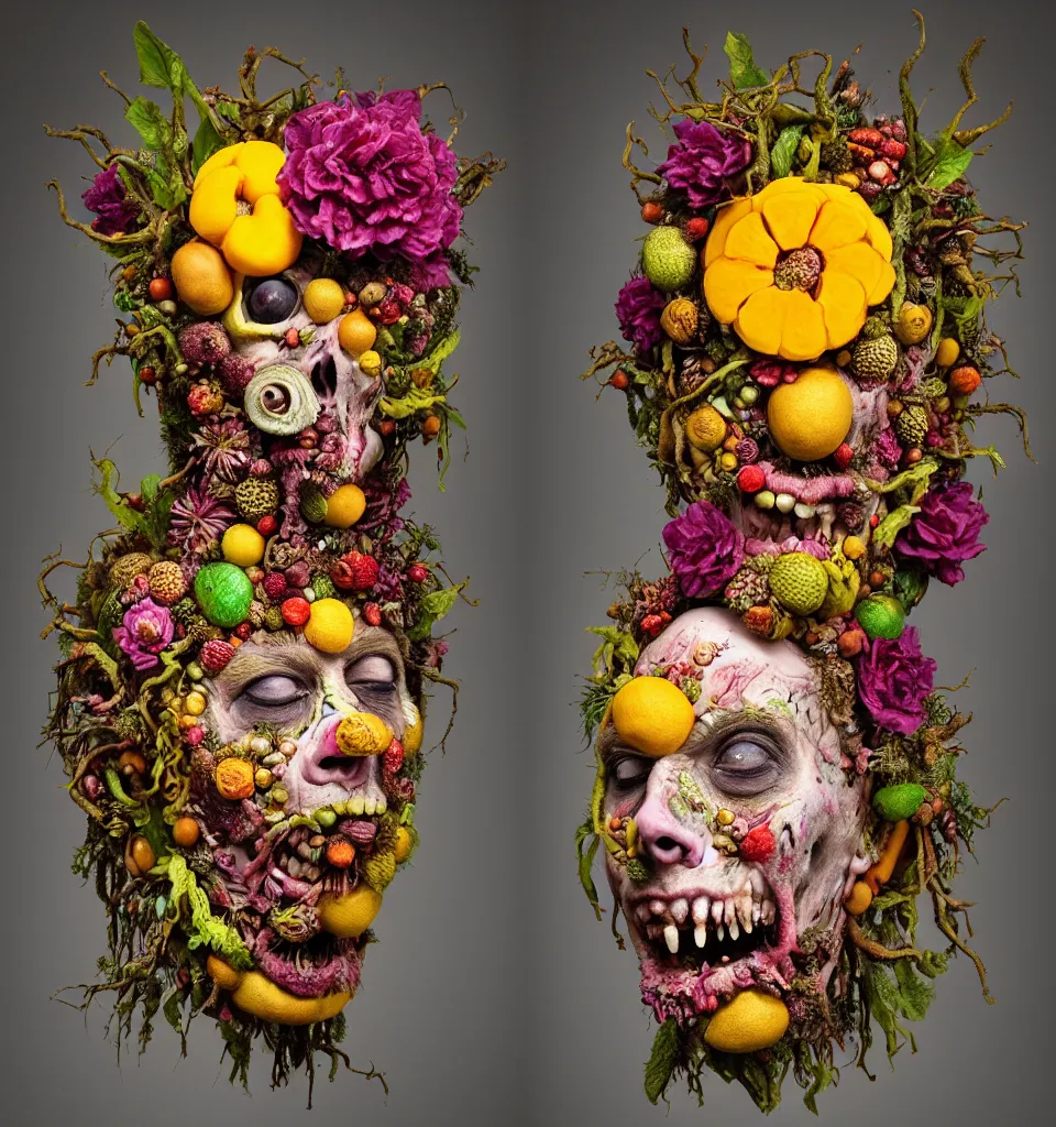 Prompt: headshot portrait of a trickster nature zombie, head made of fruit and flowers in the style of arcimboldo, fragonard, covered with tendrils roots and snail shells, oil painting, ethereal, atmospheric lighting, action figure, clay sculpture, claymation, gray yellow and magenta, botanical rainbow backdrop