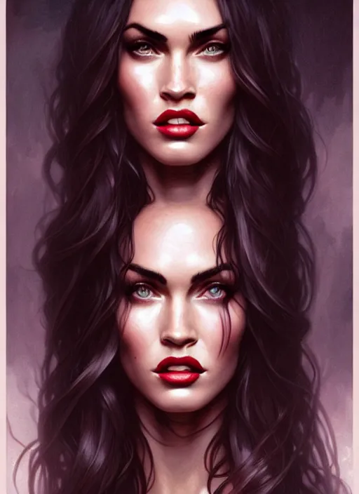 Image similar to portrait of megan fox as a vampire queen, jewelry, greek, ruby, intricate, headshot, highly detailed, digital painting, artstation, concept art, sharp focus, cinematic lighting, illustration, art by artgerm and greg rutkowski, alphonse mucha, cgsociety