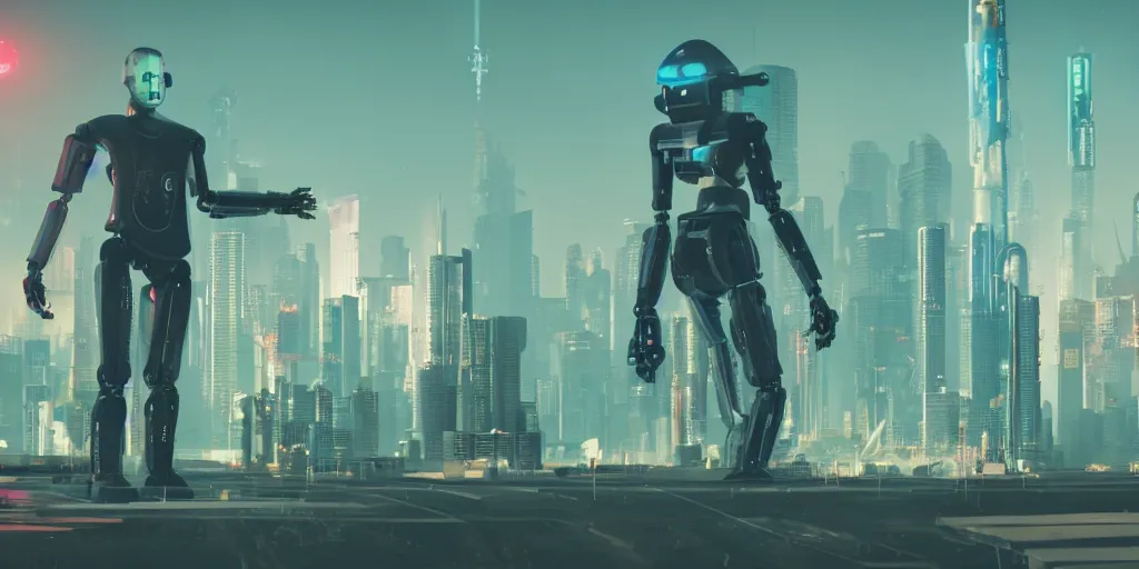 Image similar to cyberpunk robot, future retro, cinematic, hazy, wide shot, cgsociety, shot on arri alexa