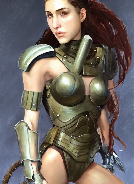 Image similar to a professionally painted portrait of an attractive young girl, partially clothed in battle armor, olive skin, long dark hair, beautiful bone structure, perfectly proportioned, nubile body, symmetrical facial features, intricate, elegant, heroic pose, digital painting, concept art, smooth, sharp focus, finely detailed, beautifully framed, from Metal Gear, in the style of Artgerm and Greg Rutkowski and William-Adolphe Bouguerea