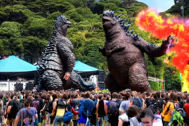 Image similar to godzilla attacking a music festival in golden gate park