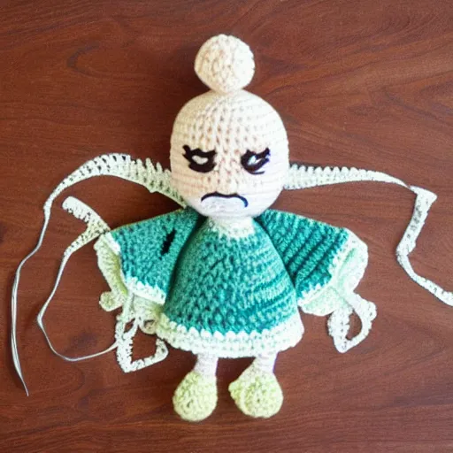 Image similar to product image of a cute crochet grandma made of crochet who's making a crochet. high resolution